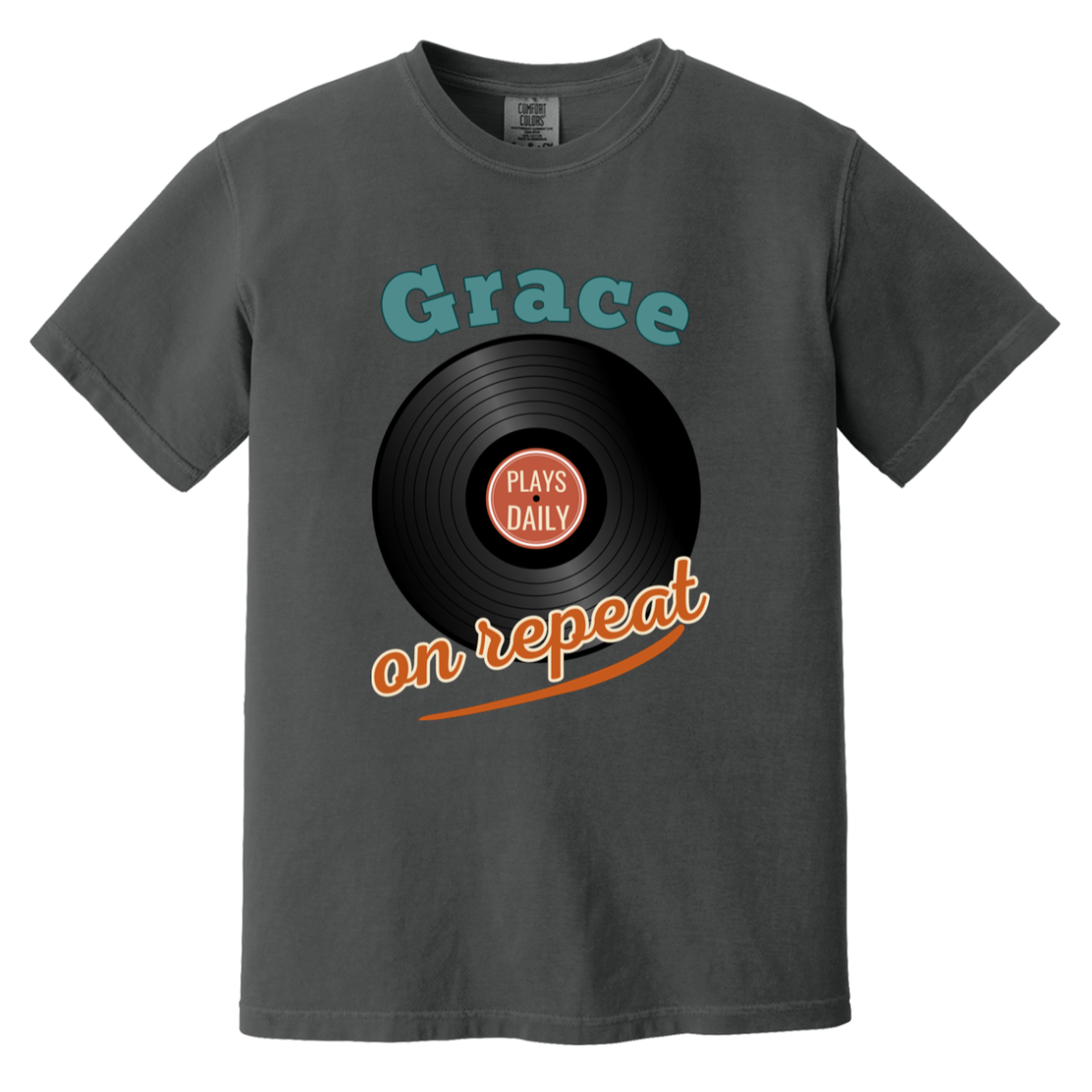 Graphite Comfort Colors vintage graphic tee featuring a retro record design and the uplifting phrase “Grace Plays Daily on Repeat” with soulful nostalgic style.