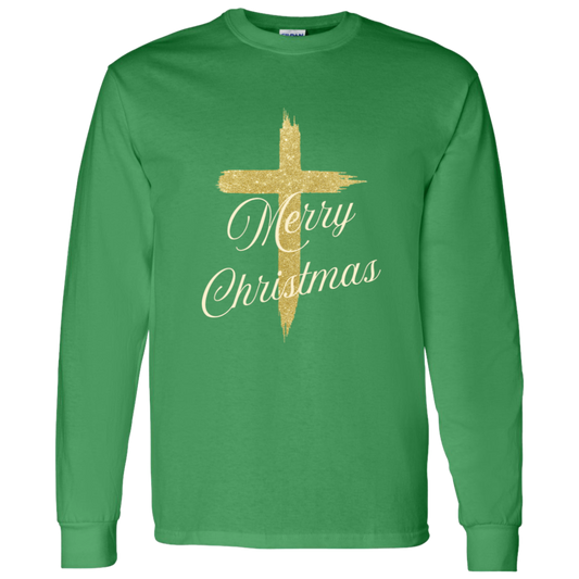 Green long-sleeve shirt with gold cross and 'Merry Christmas' text on a white background