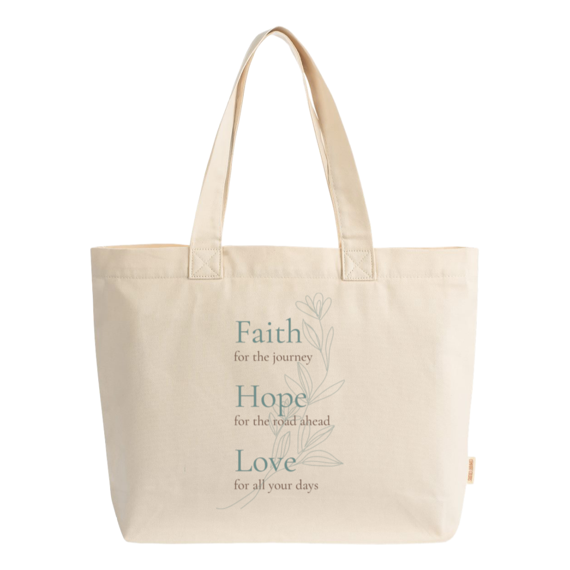 Natural Comfort Colors zippered tote with the words Faith, Hope, Love and includes a vintage inspired floral artwork.