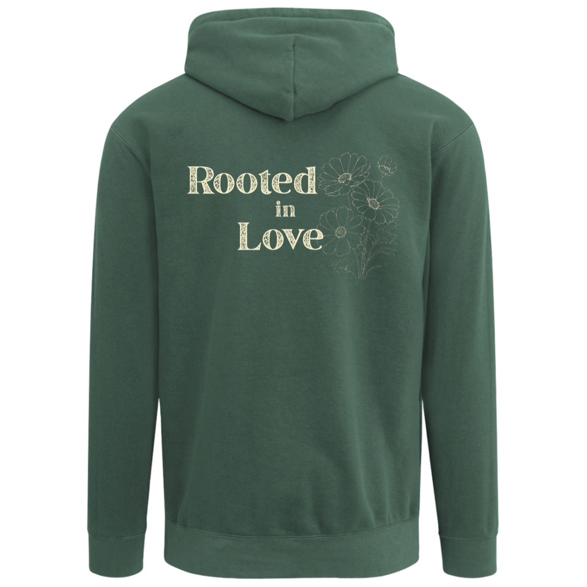 Blue Spruce Comfort Colors hoodie with Rooted in Love floral back print and coordinating floral front design.