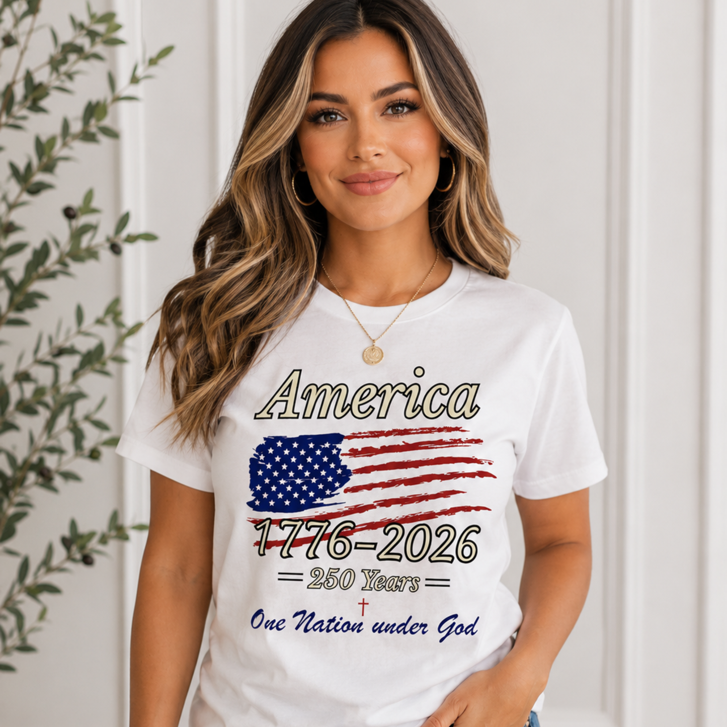 Woman wearing a Bella+Canvas unisex patriotic t-shirt featuring a vintage American flag and America 250 One Nation Under God design celebrating faith, freedom, and American heritage.