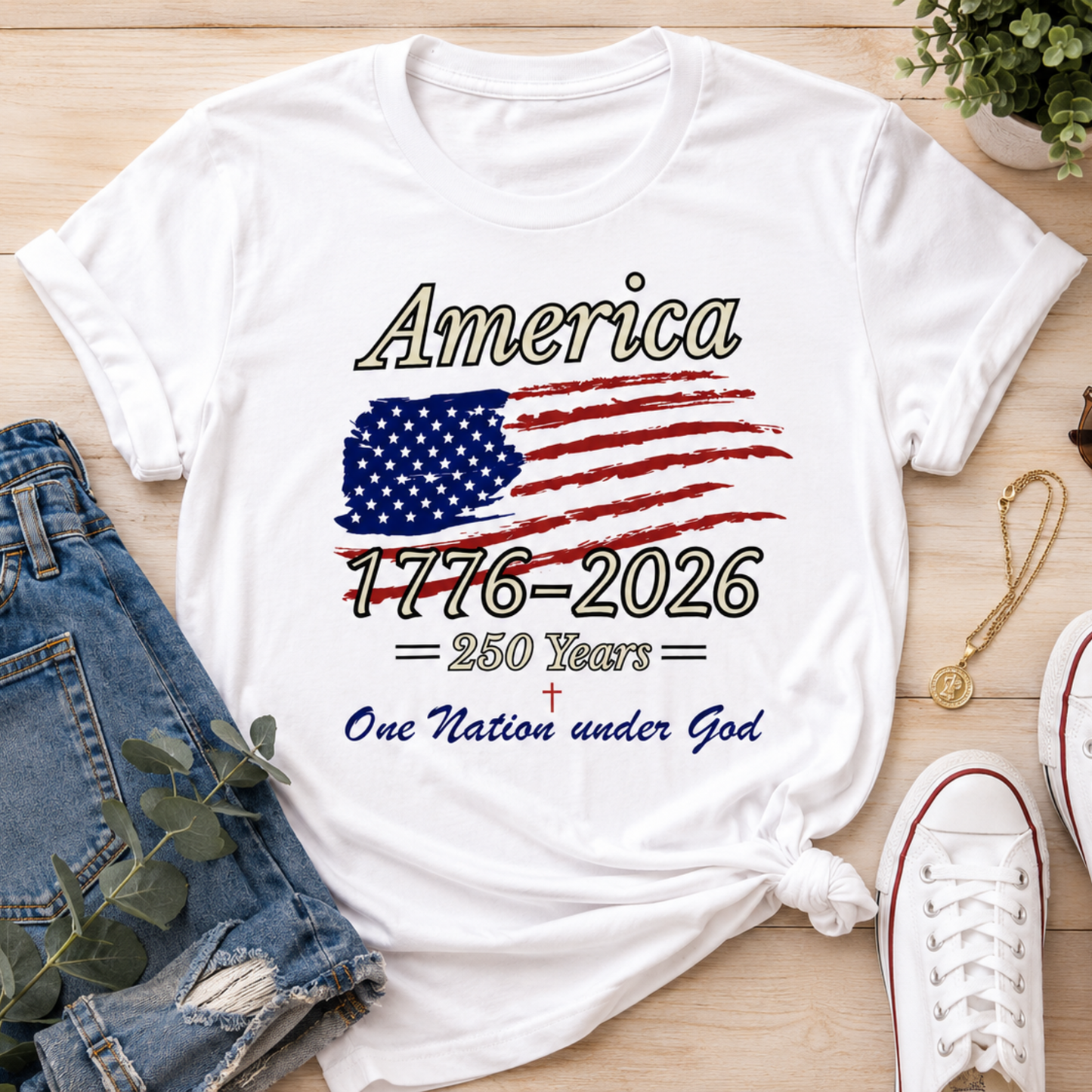 Flat lay of Bella+Canvas unisex patriotic t-shirt featuring a vintage American flag and America 250 One Nation Under God graphic design.