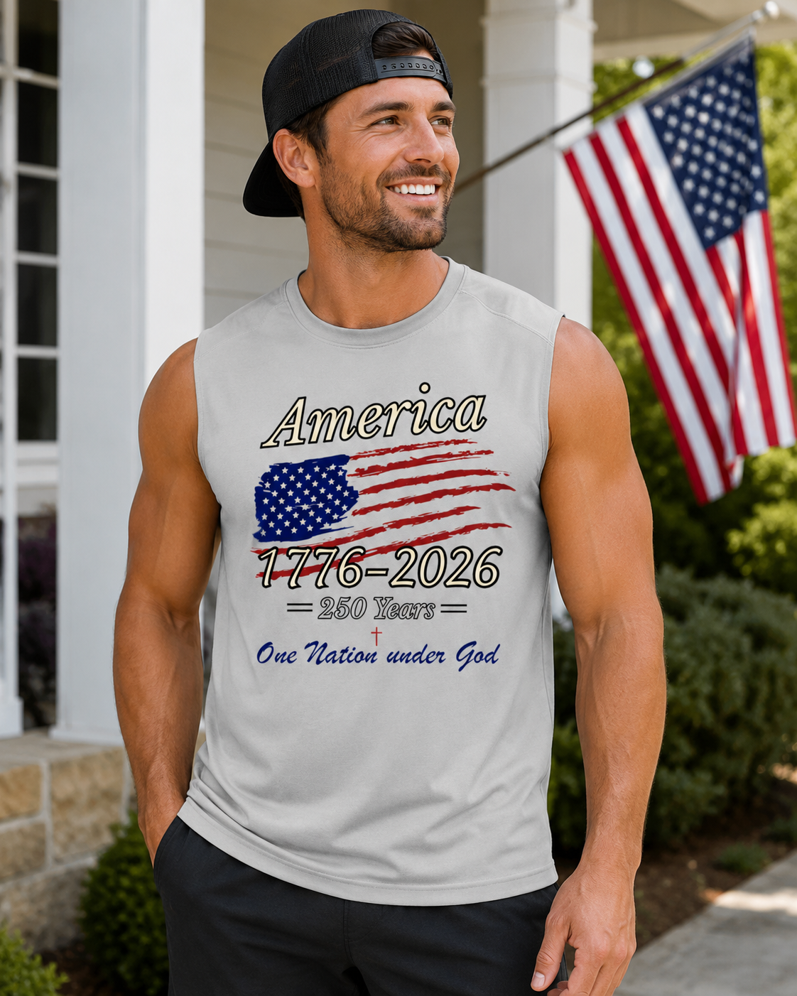 Men’s patriotic sleeveless shirt featuring “America 1776–2026 250 Years One Nation Under God” design with distressed American flag graphic in red, white, and blue.