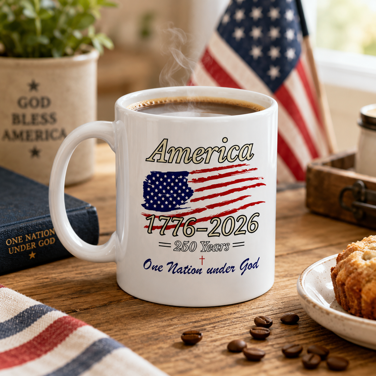 Patriotic America 250 Years coffee mug styled with American flag decor and rustic farmhouse setting