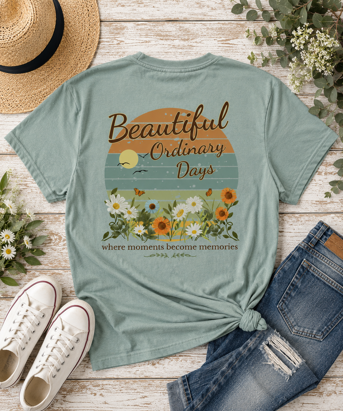 Beautiful Ordinary Days Comfort Colors Bay T-Shirt flat lay featuring a nostalgic floral sunset design with the phrase “where moments become memories,” styled with denim, sneakers, greenery, and a straw hat.