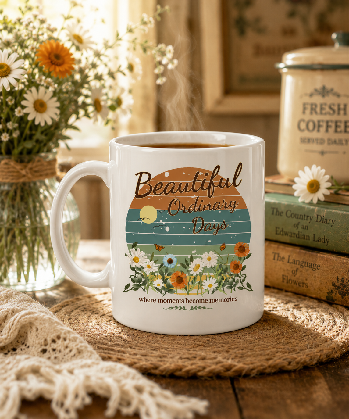 Beautiful Ordinary Days vintage floral coffee mug displayed in a cozy cottage-inspired setting with books, wildflowers, and warm morning light.