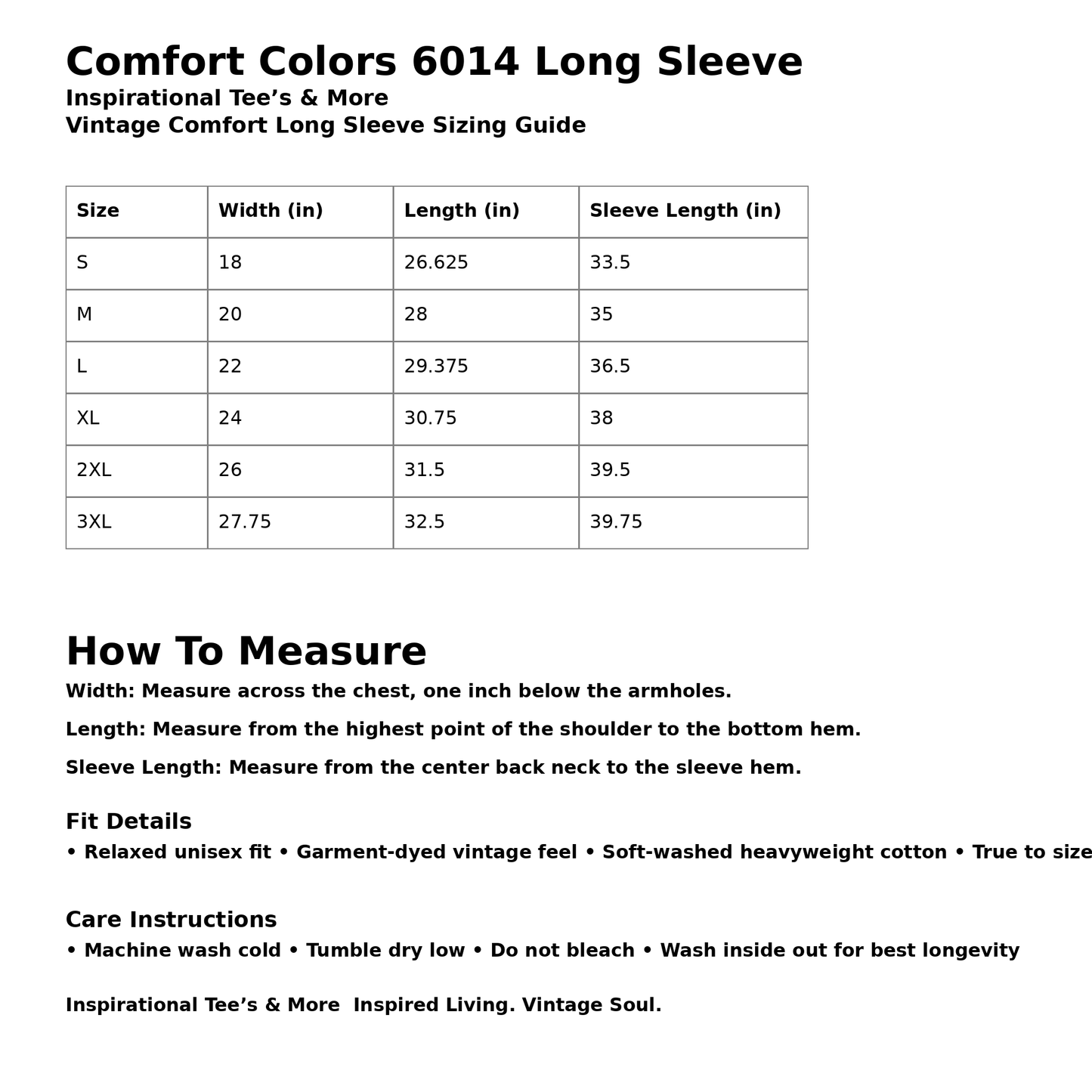 Comfort colors size and measurement chart