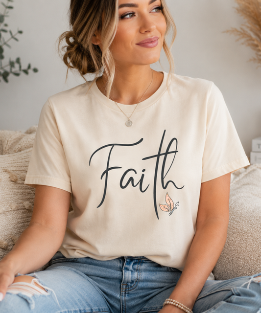 Lady in Minimalist Faith Christian t-shirt in script lettering on Bella Canvas unisex tee available in soft pastel colors.