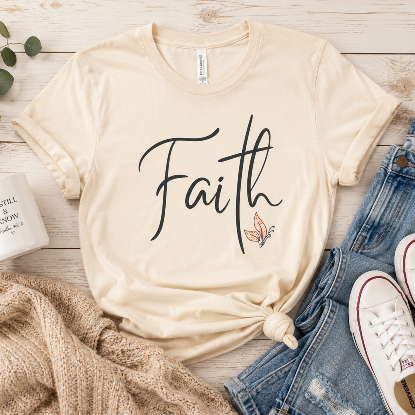 Minimalist Faith Christian t-shirt in script lettering on Bella Canvas unisex tee available in soft pastel colors.