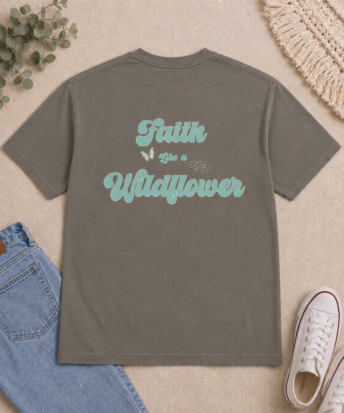 Back flat lay of a Pepper Comfort Colors T-shirt featuring the large Faith Like a Wildflower design.