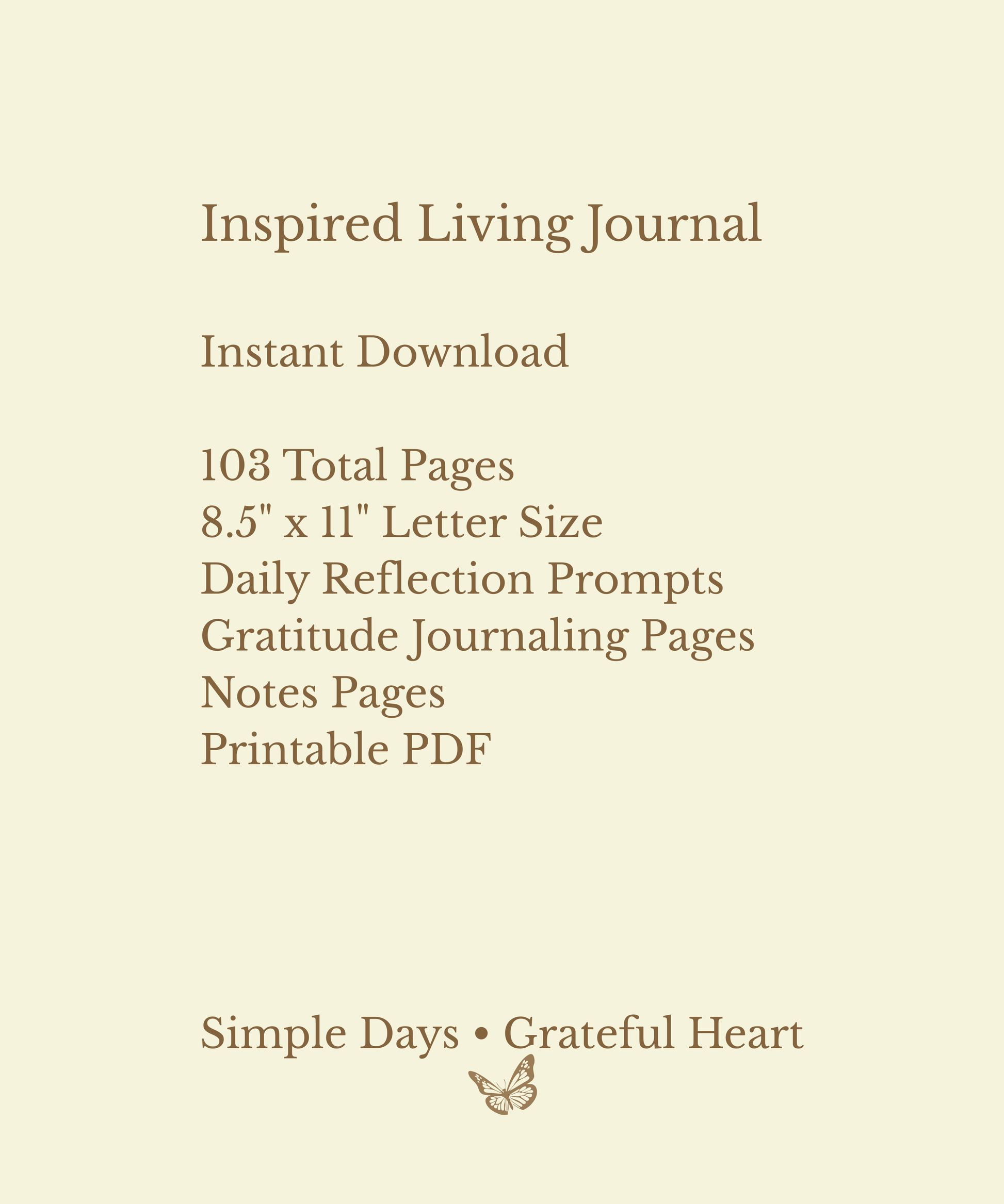 Inspired Living Journal digital download featuring 103 printable pages with daily reflection prompts, gratitude sections, notes pages, and instant PDF access.