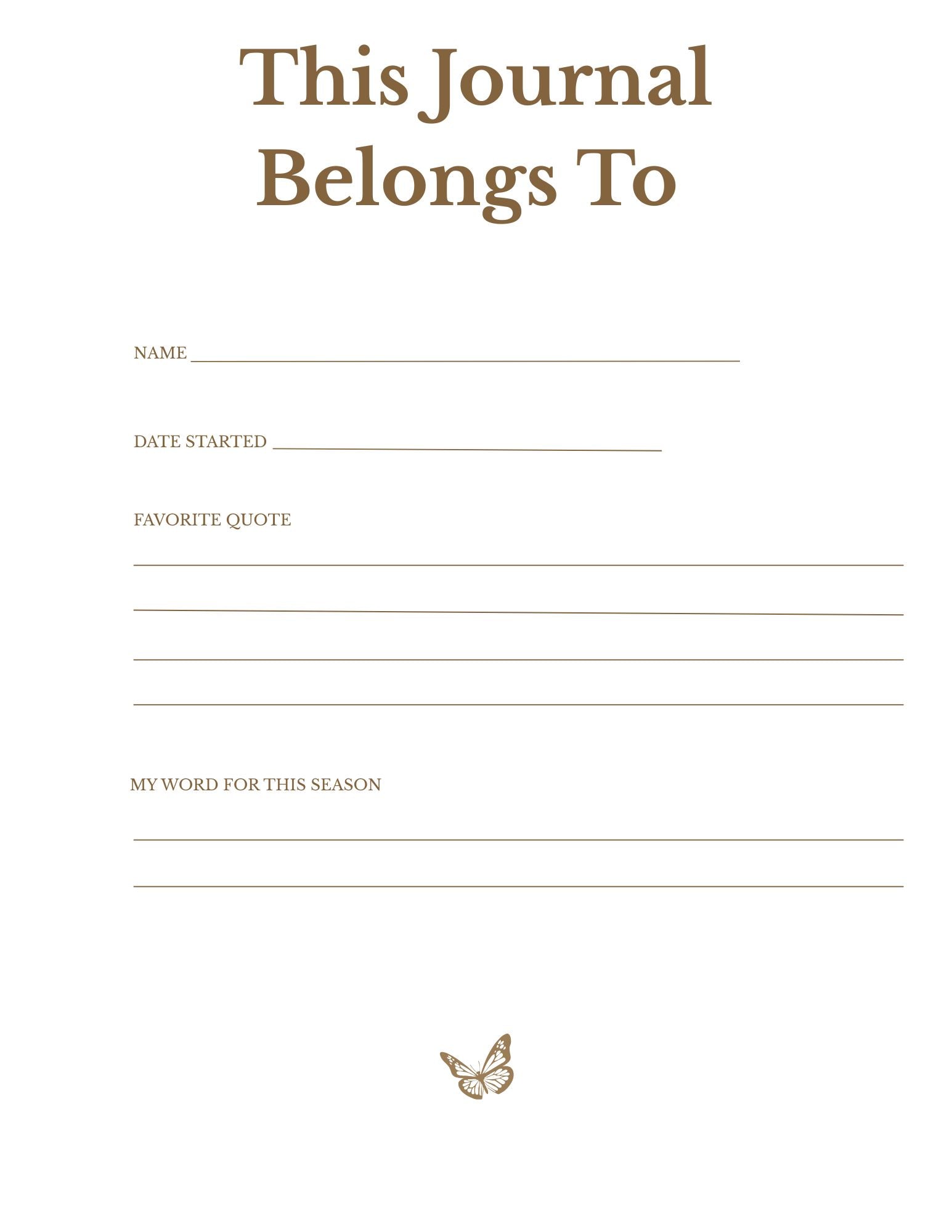 Inspired Living Journal ownership page with space for name and date, designed for personal reflection and gratitude journaling.
