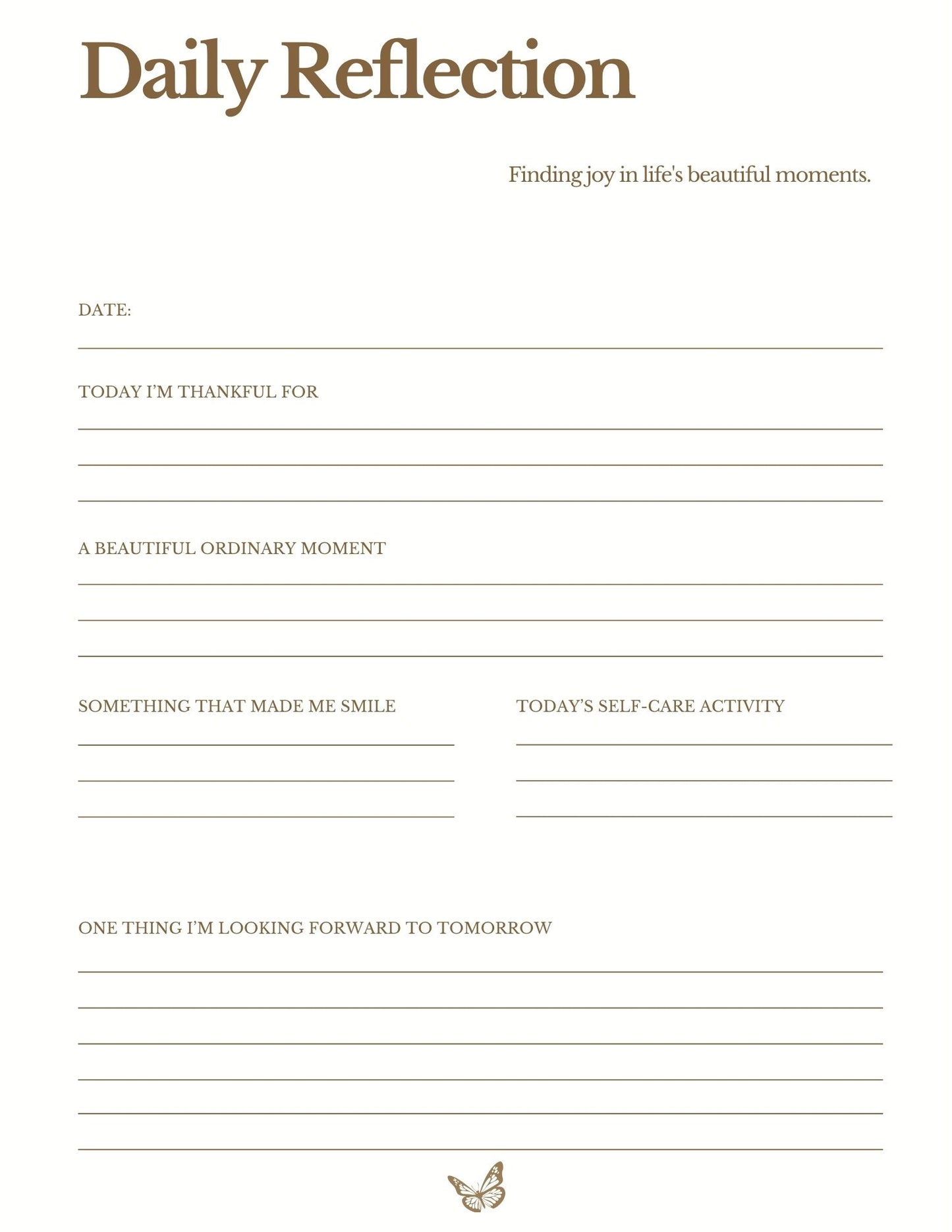 Daily reflection journal page featuring gratitude prompts, prayer and praise section, meaningful moments, and notes space.
