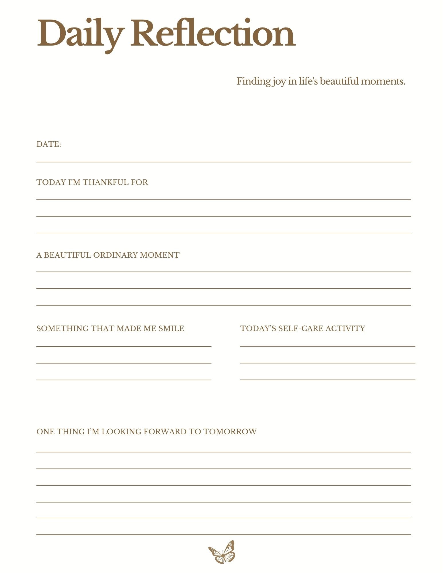 Daily reflection journal page featuring gratitude prompts, prayer and praise section, meaningful moments, and notes space.