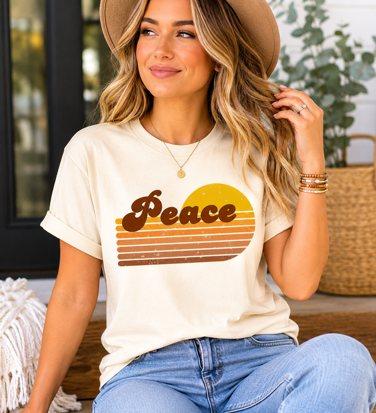 Woman wearing Peace Retro Revival Graphic Tee featuring groovy retro typography and vintage sunset stripes