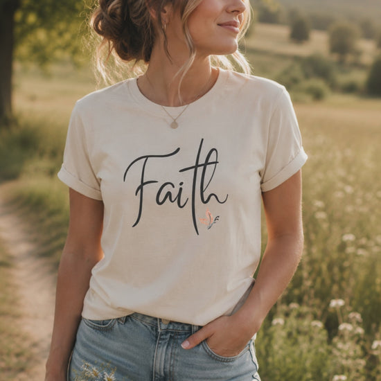 Minimalist Faith Christian t-shirt video featuring soft neutral colors, lifestyle mockups, and inspirational faith-based apparel styling for everyday wear.