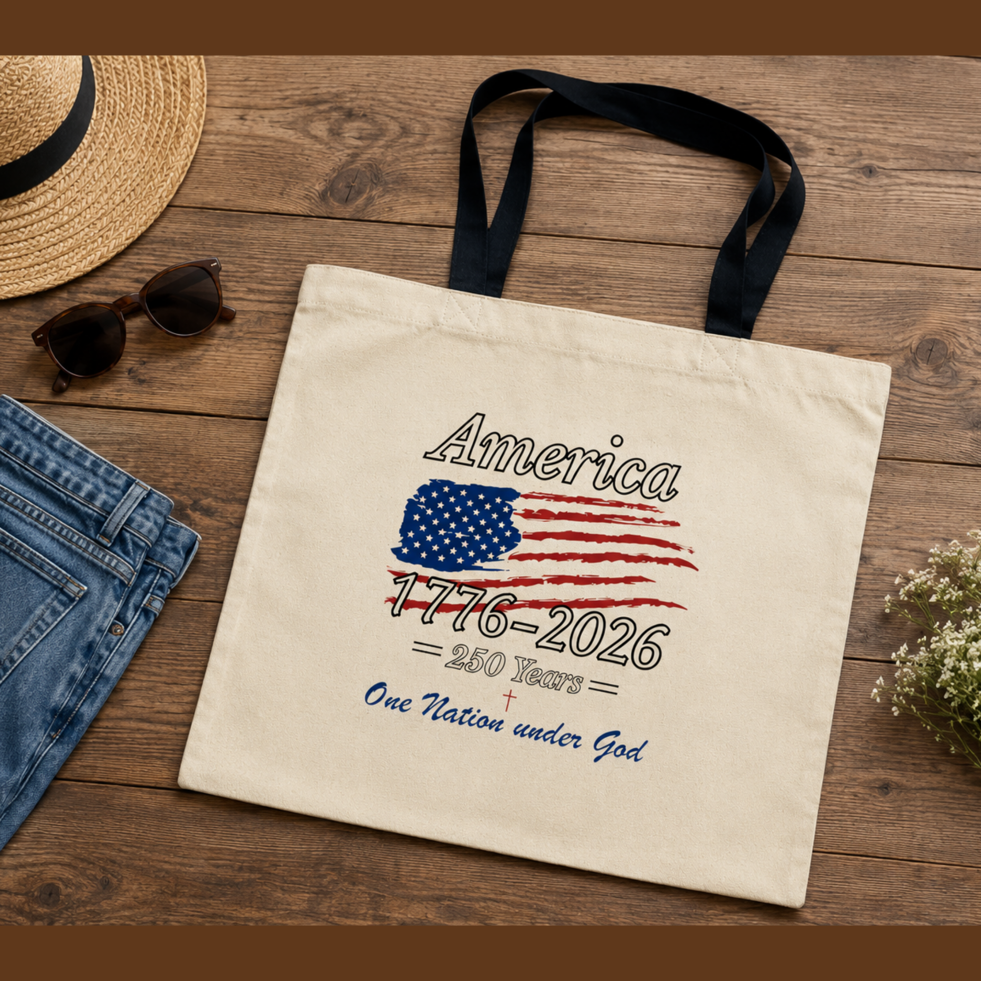 Flat lay patriotic canvas tote bag with America 1776-2026 design styled with denim jeans, sunglasses, flowers, and straw hat on rustic wood background